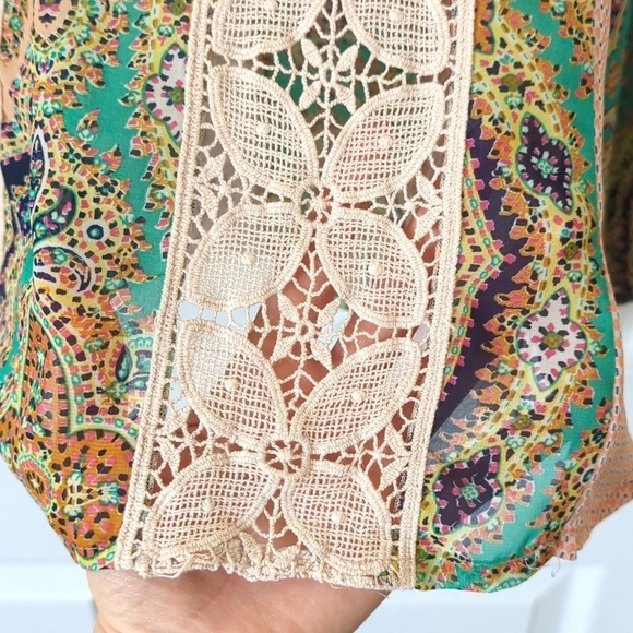 Meadow Rue Anthropologie Giada Crochet Lace & Bohemian Printed Peasant Blouse M - Picture 6 of 11